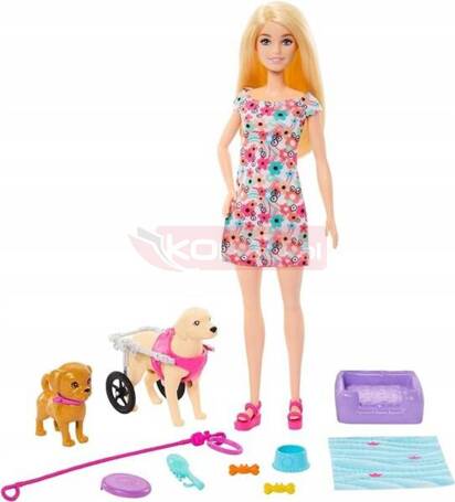 LALKA BARBIE zestaw LALKA Z PIESKAMI ze szczeniaczkiem i pieskiem na wózku HTK37