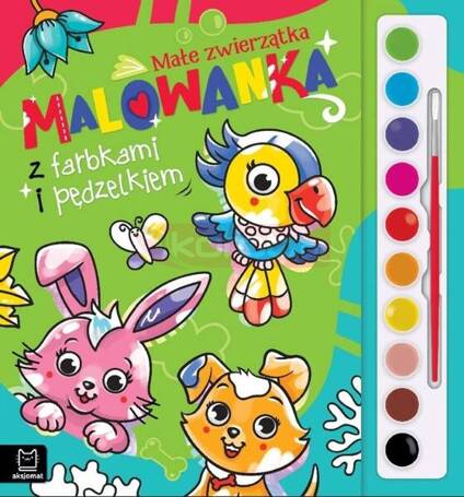 Malowanka z farbkami i pędzelkiem. Małe zwierzątka