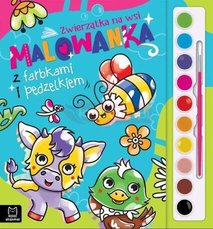 Malowanka z farbkami i pędzelkiem. Zwierzątka