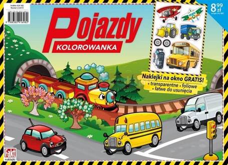 Pojazdy. Kolorowanka z naklejkami na okno